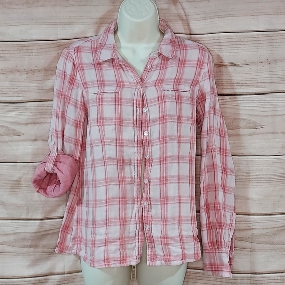 Eddie Bauer shirt button down long sleeve roll tab pink cream plaid print S - Picture 1 of 10